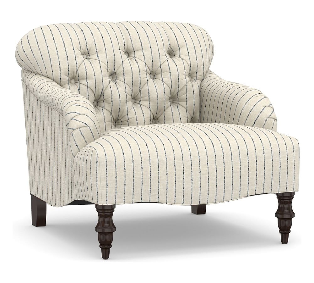Clara Upholstered Armchair, Polyester Wrapped Cushions, Slubby Pinstripe Blue - Image 0