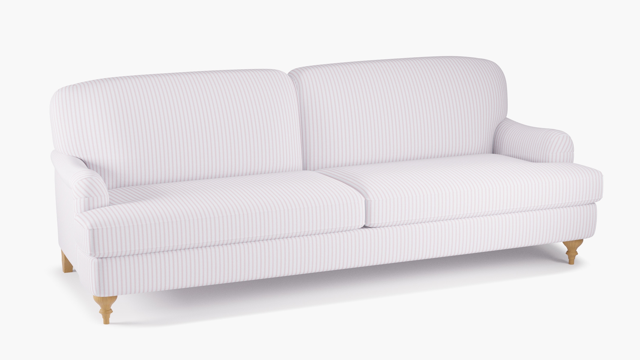 English Roll Arm Sofa, Pink Classic Ticking Stripe, Natural Turned Wood Leg - Image 1