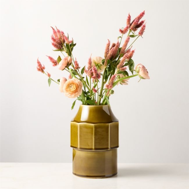 Miramar Paneled Olive Ceramic Vase with Reactive Glaze - Image 0