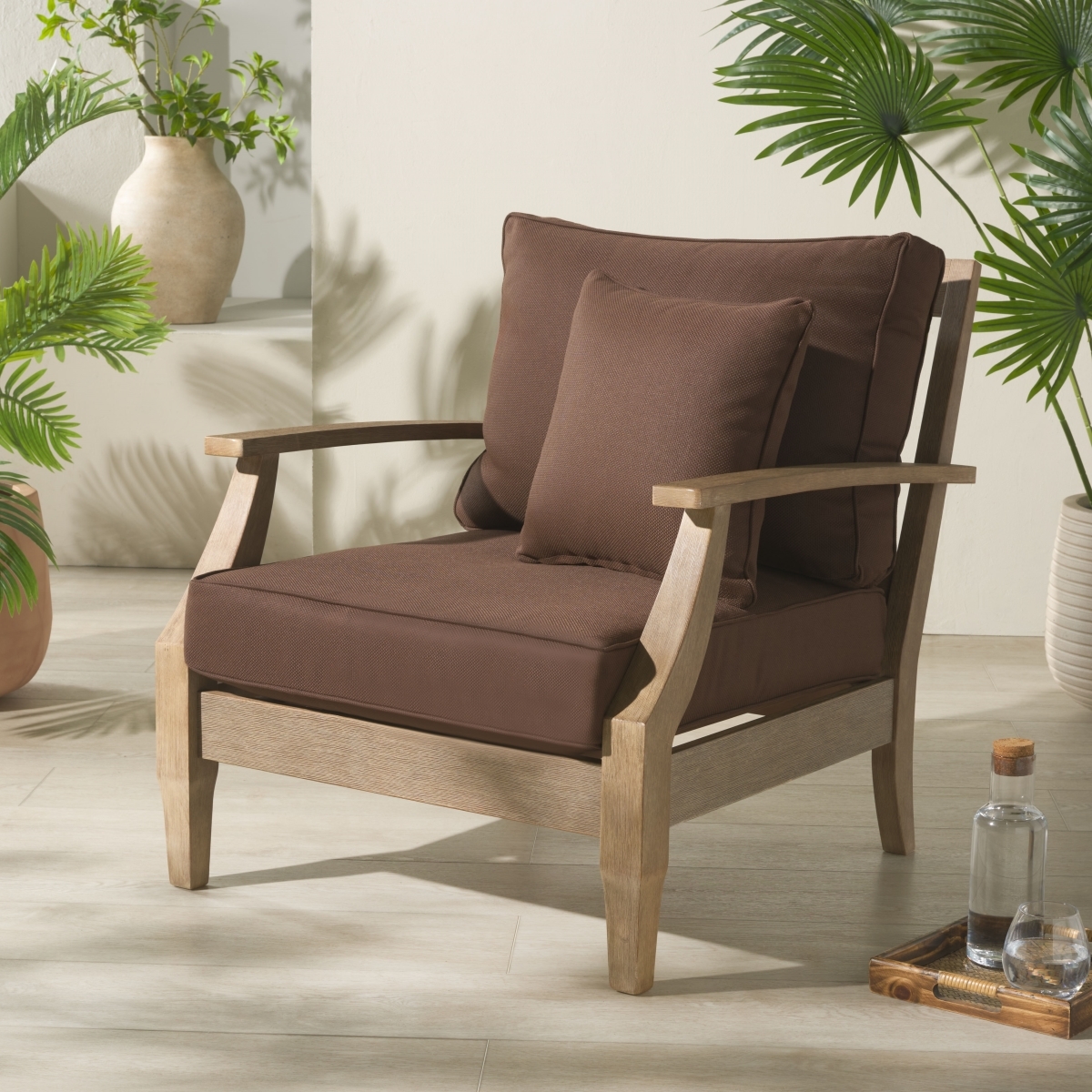 Martinique Wood Patio Armchair - Natural/Dark Brown - Image 1