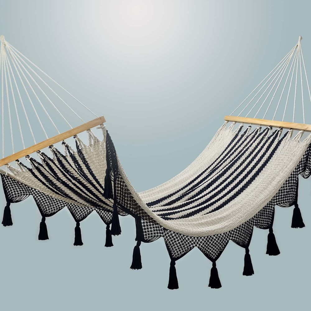 Double Weave Fringed Hammock w/ Spreader Bar, Colonial Navy Blue - Image 0