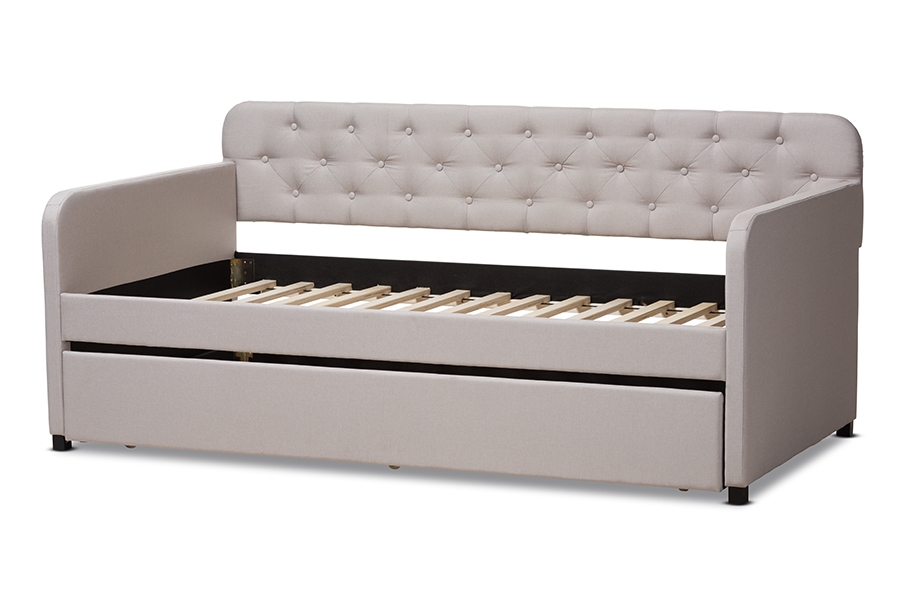 Camelia Modern and Contemporary Beige Fabric Upholstered Button-Tufted Twin Size Sofa Daybed with Roll-Out Trundle Guest Bed - Image 4