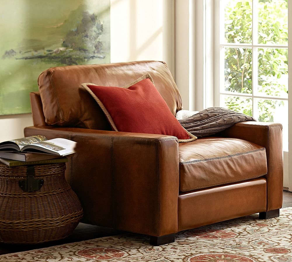 Turner Square Arm Leather Grand Armchair 43", Down Blend Wrapped Cushions, Churchfield Camel - Image 0