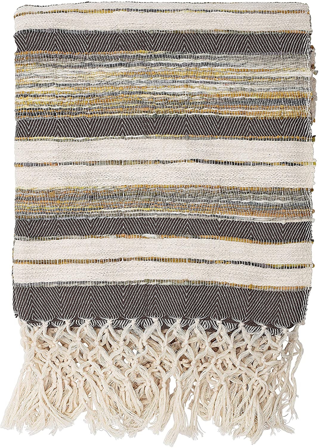 Handwoven Cotton Throw with Decorative Fringe, Gray, White & Yellow - Image 1