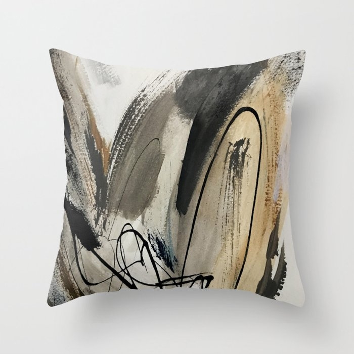 Drift [5]: A Neutral Abstract Mixed Media Piece In Black, White, Gray, Brown Decorative Throw Pillow by Alyssa Hamilton Art - Cover (16" x 16") With Pillow Insert - Indoor Pillow - Image 0