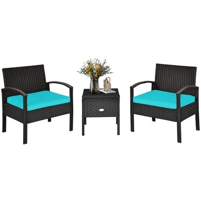 Winston Porter 3pcs Rattan Patio Conversation Furniture Set W/ Storage Table Turquoise Cushion - Image 0