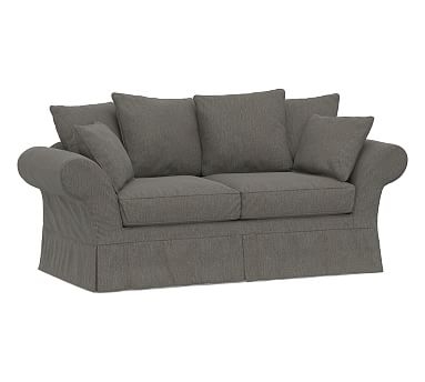 Charleston Slipcovered Sofa 86", Polyester Wrapped Cushions, Chenille Basketweave Charcoal - Image 0
