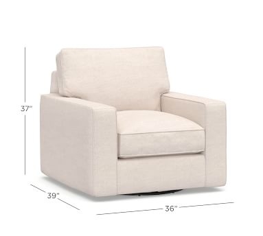PB Comfort Square Arm Upholstered Swivel Armchair, Box Edge Down Blend Wrapped Cushions, Performance Brushed Basketweave Chambray - Image 1