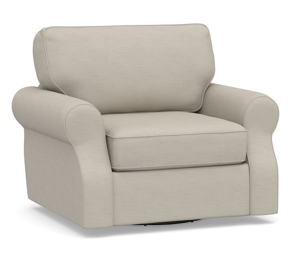SoMa Fremont Roll Arm Upholstered Swivel Armchair, Polyester Wrapped Cushions, Performance Slub Cotton Silver Taupe - Image 0