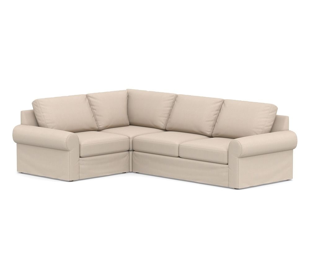 Big Sur Roll Arm Slipcovered Right Arm 3-Piece Corner Sectional, Down Blend Wrapped Cushions, Sunbrella(R) Performance Sahara Weave Oatmeal - Image 0