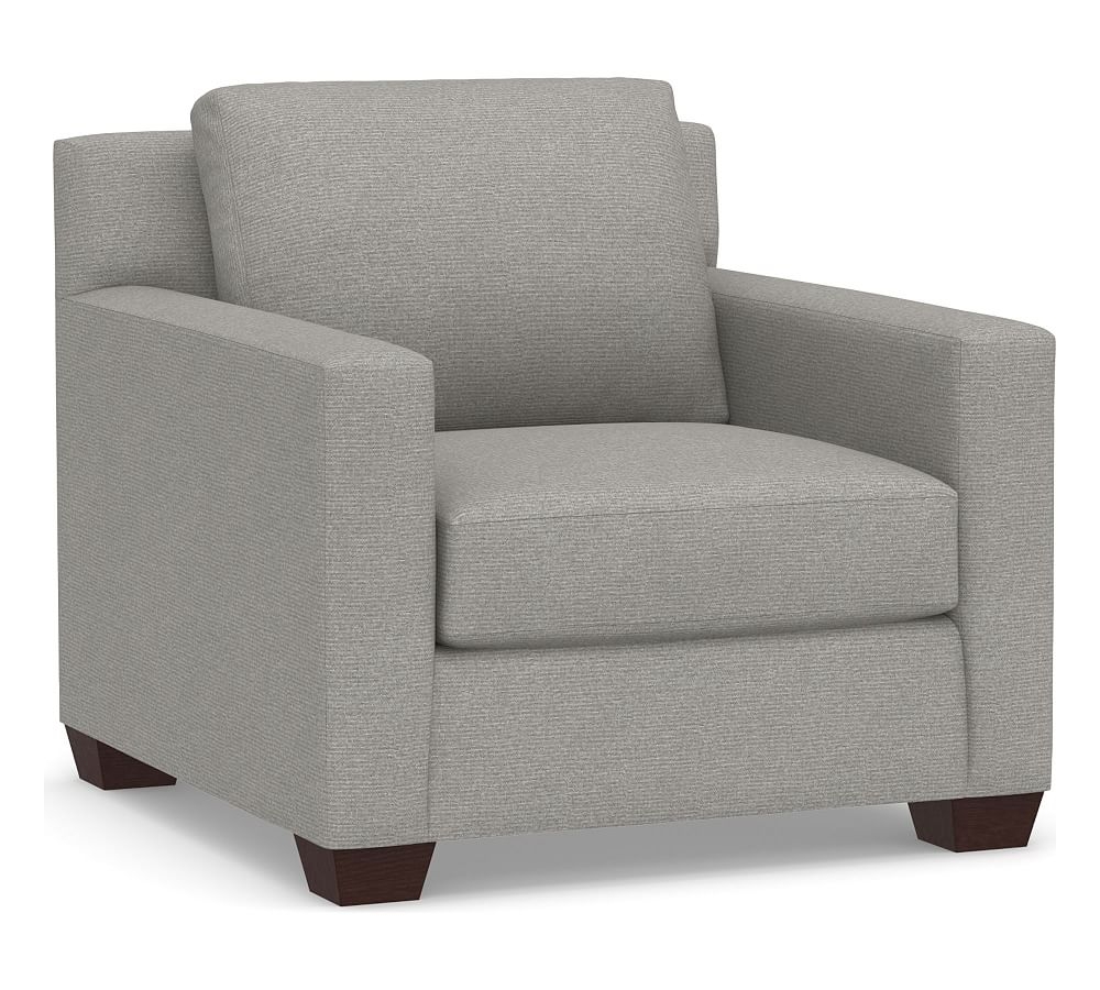 York Square Arm Upholstered Armchair, Down Blend Wrapped Cushions, Performance Heathered Basketweave Platinum - Image 0