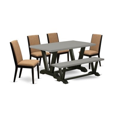 657BEC1D79A74C89BE9F8CF2BCC1C411 6Pc Dining Set - A Light Sable Dining Table Top And Light Sable Dining Bench And 4 Linen Fabric Padded Chairs, Wire Brushed Black Finish - Image 0