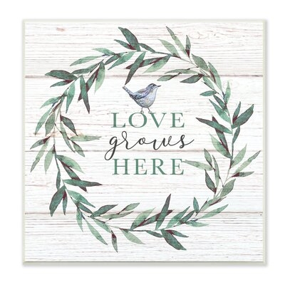 Love Grows Here Sentiment Green Fern Wreath Blue Warbler - Image 0
