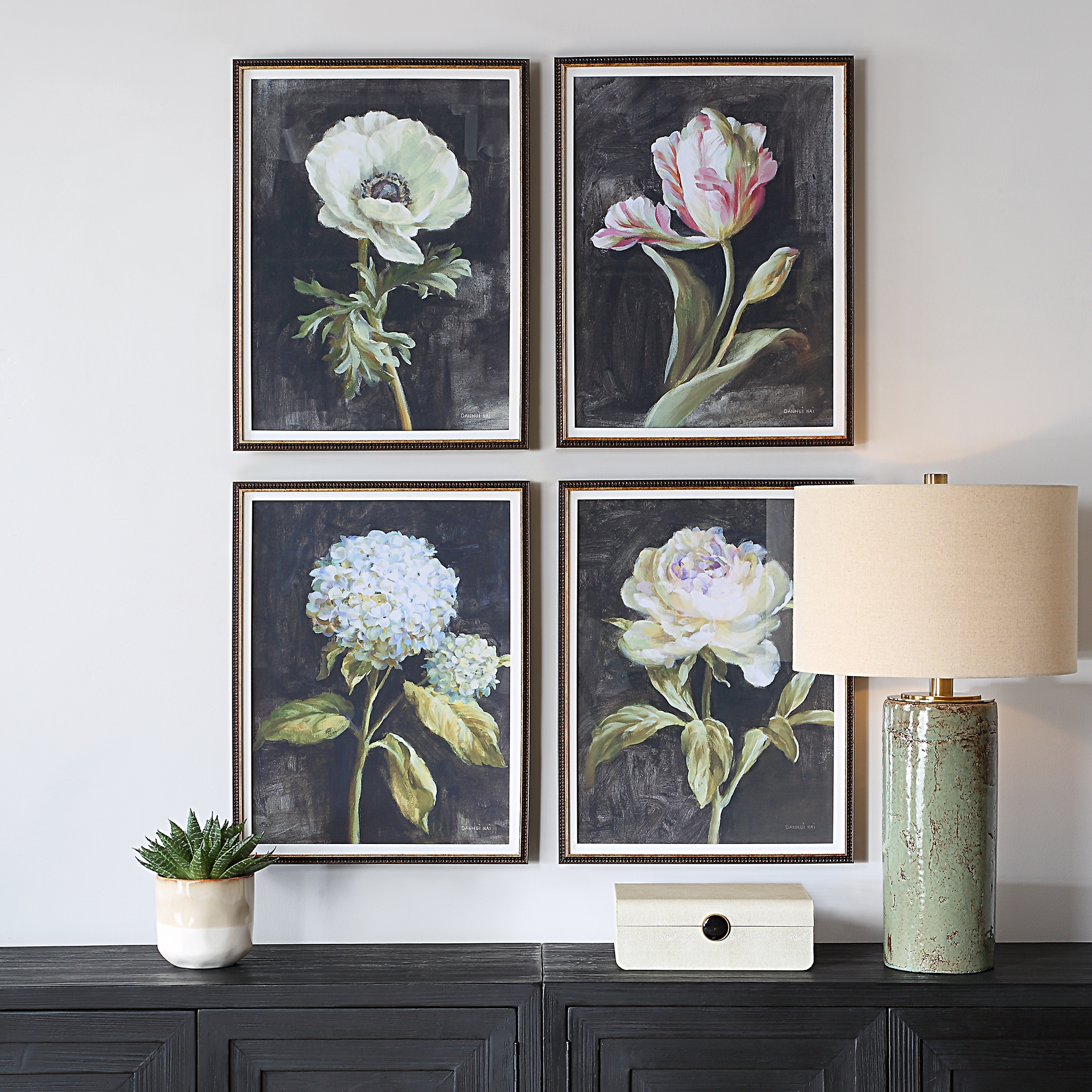 Florals On Black Framed Prints Set/4 - Image 1