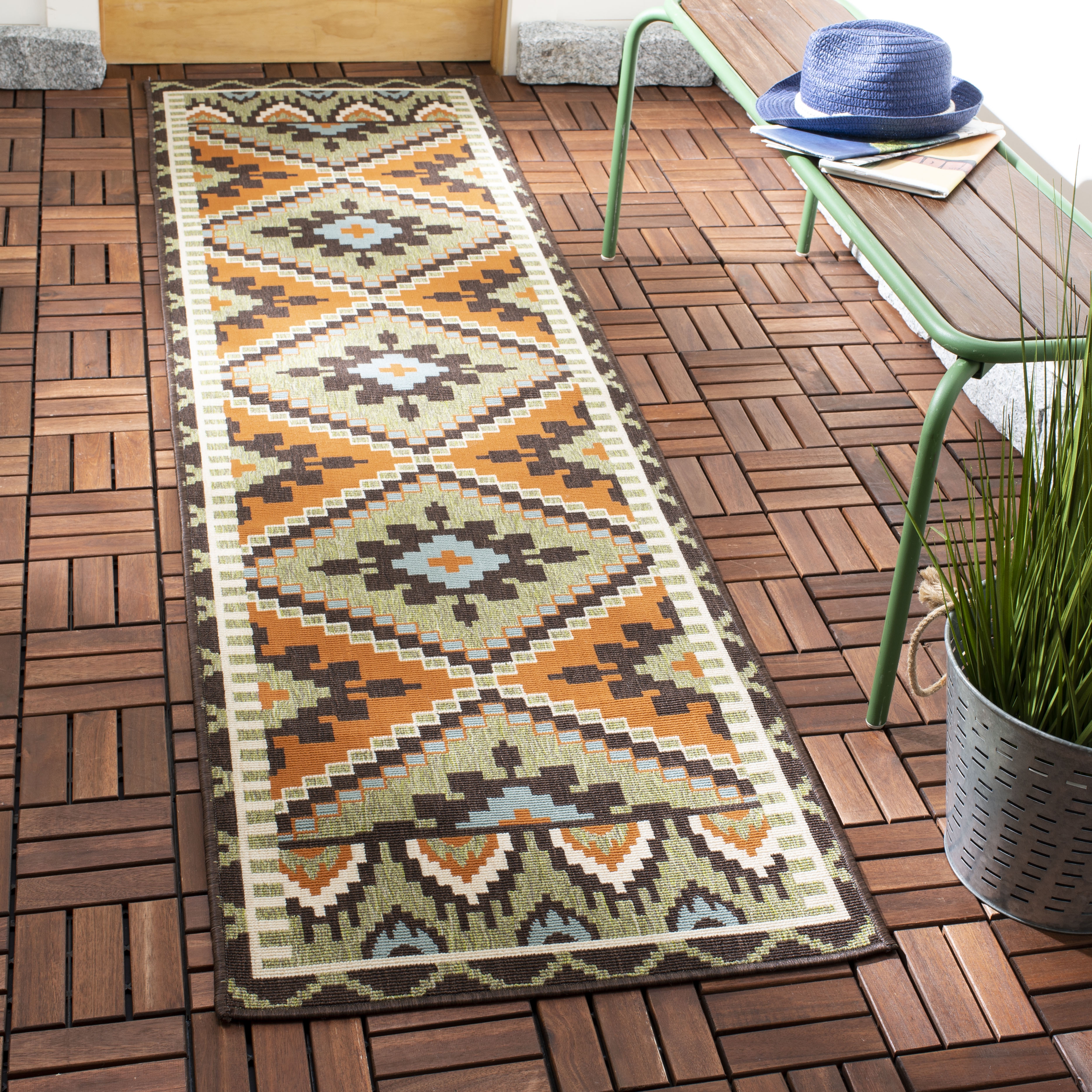 Arlo Home Indoor/Outdoor Woven Area Rug, VER096-0742, Green/Terracotta,  2' 3" X 8' - Image 1
