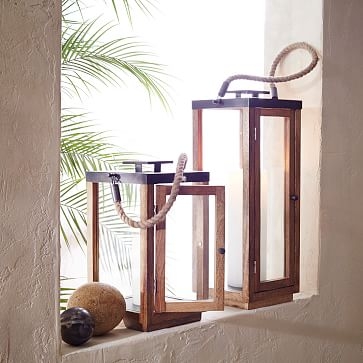 Wood + Rope Lantern, Natural/Gray, Short - Image 1