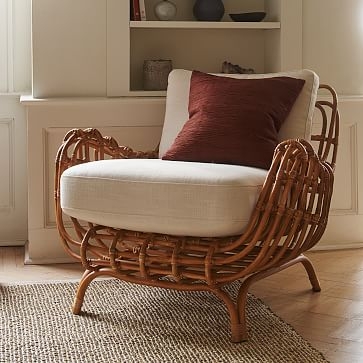 Savannah Rattan Chair + Cushion, Poly, Yarn Dyed Linen Weave, Stone White, Natural Rattan - Image 1