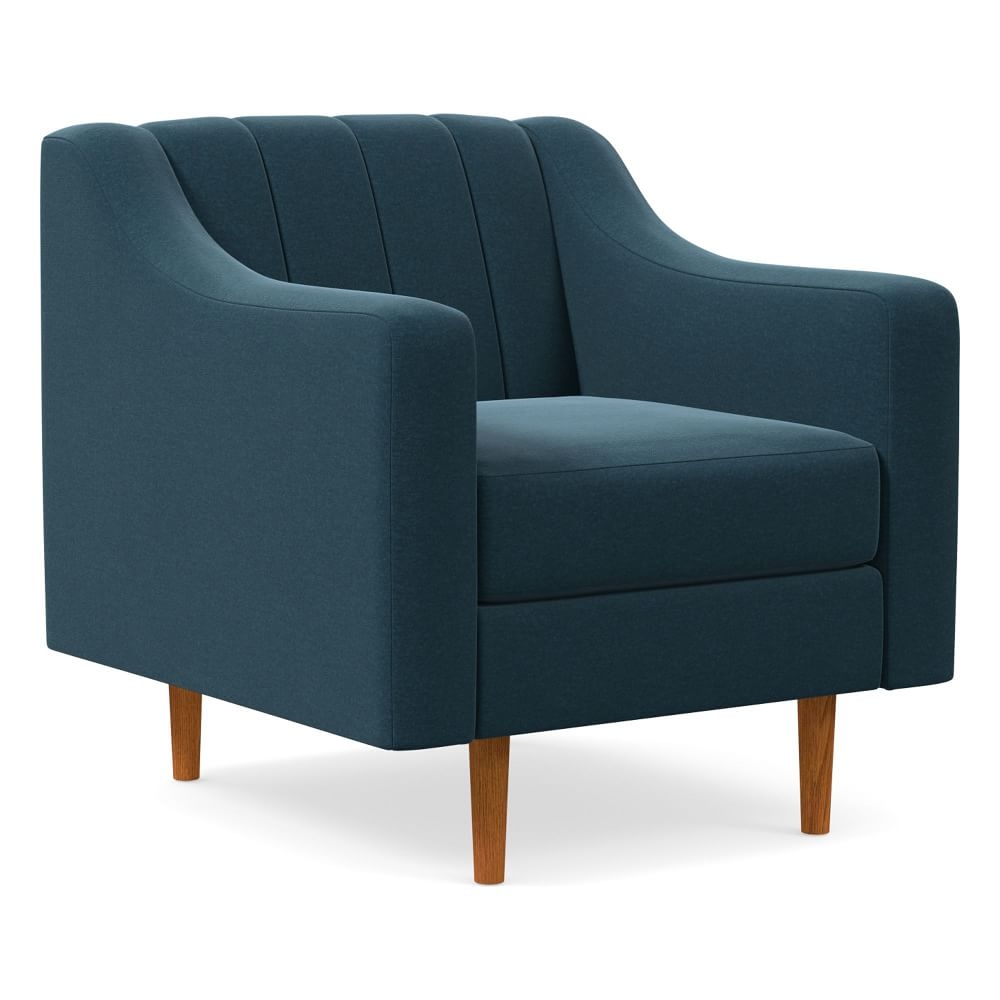 Olive Channel Back Swoop Arm Chair, Poly, Performance Velvet, Petrol, Pecan - Image 1