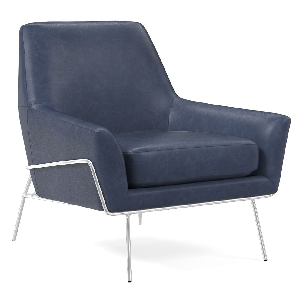 Lucas Wire Base Chair, Poly, Ludlow Leather, Navy, Polished Nickel - Image 0