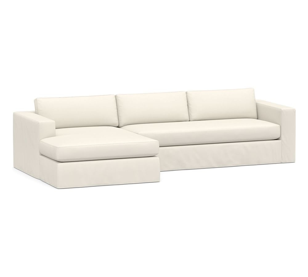 Carmel Square Arm Slipcovered Right Arm Sofa with Wide Chaise Sectional and Bench Cushion, Down Blend Wrapped Cushions, Performance Twill Warm White - Image 0