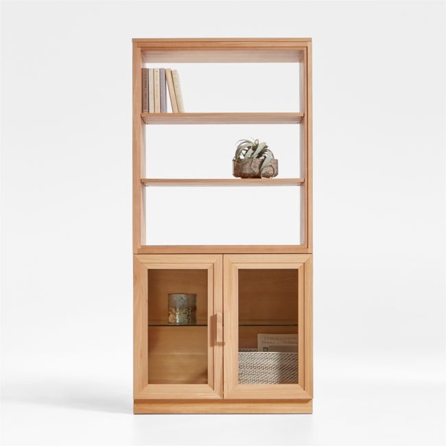 Calypso Natural Elm Wood Modular Glass-Door Base and Bookshelf Hutch - Image 0