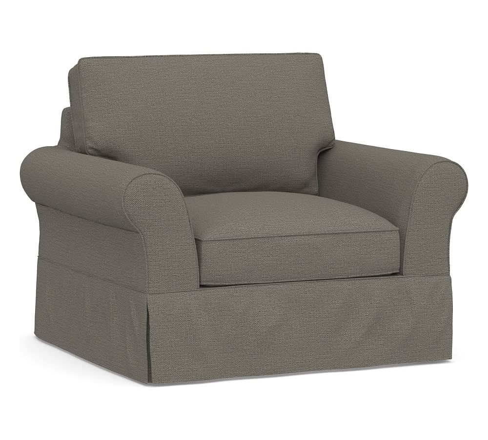 PB Comfort Roll Arm Slipcovered Grand Armchair 45", Box Edge Down Blend Wrapped Cushions, Chunky Basketweave Metal - Image 0