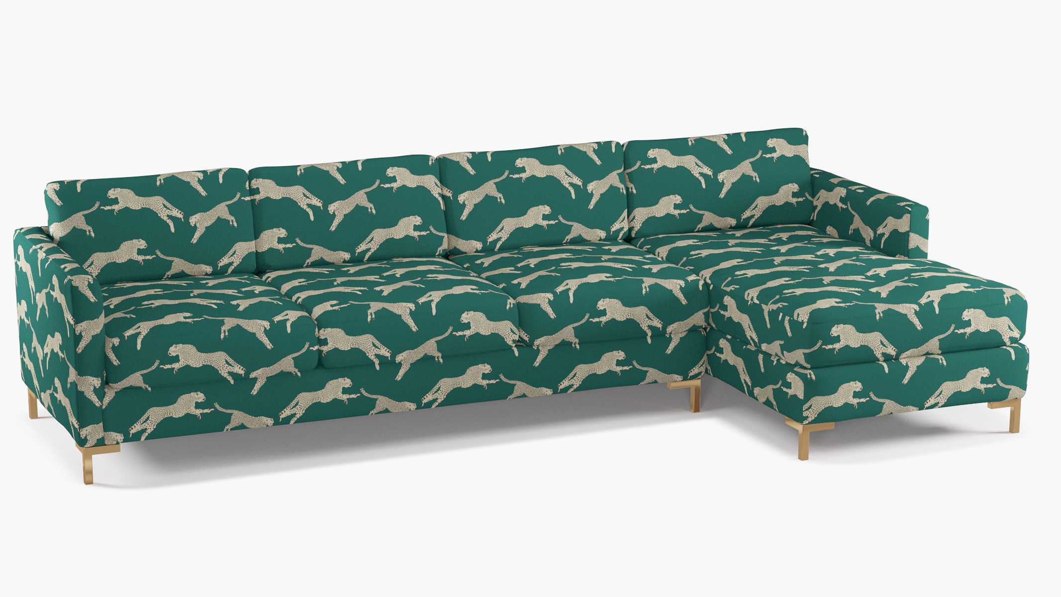 Modern Sectional, Right Facing, Polo Green Cheetah, Brass L Leg - Image 1