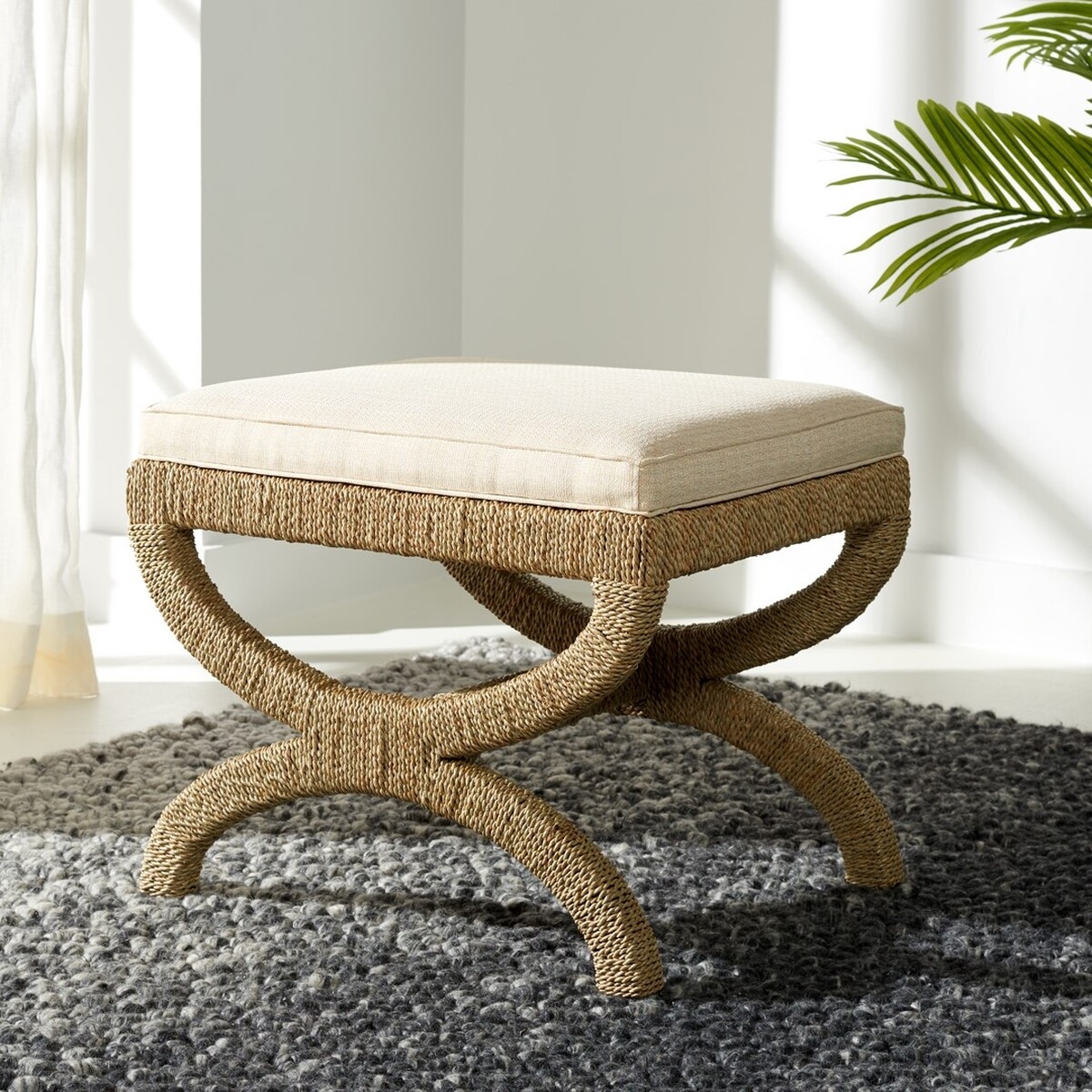 Aikan Woven Sea Grass Ottoman - Natural / Beige - Safavieh - Image 1
