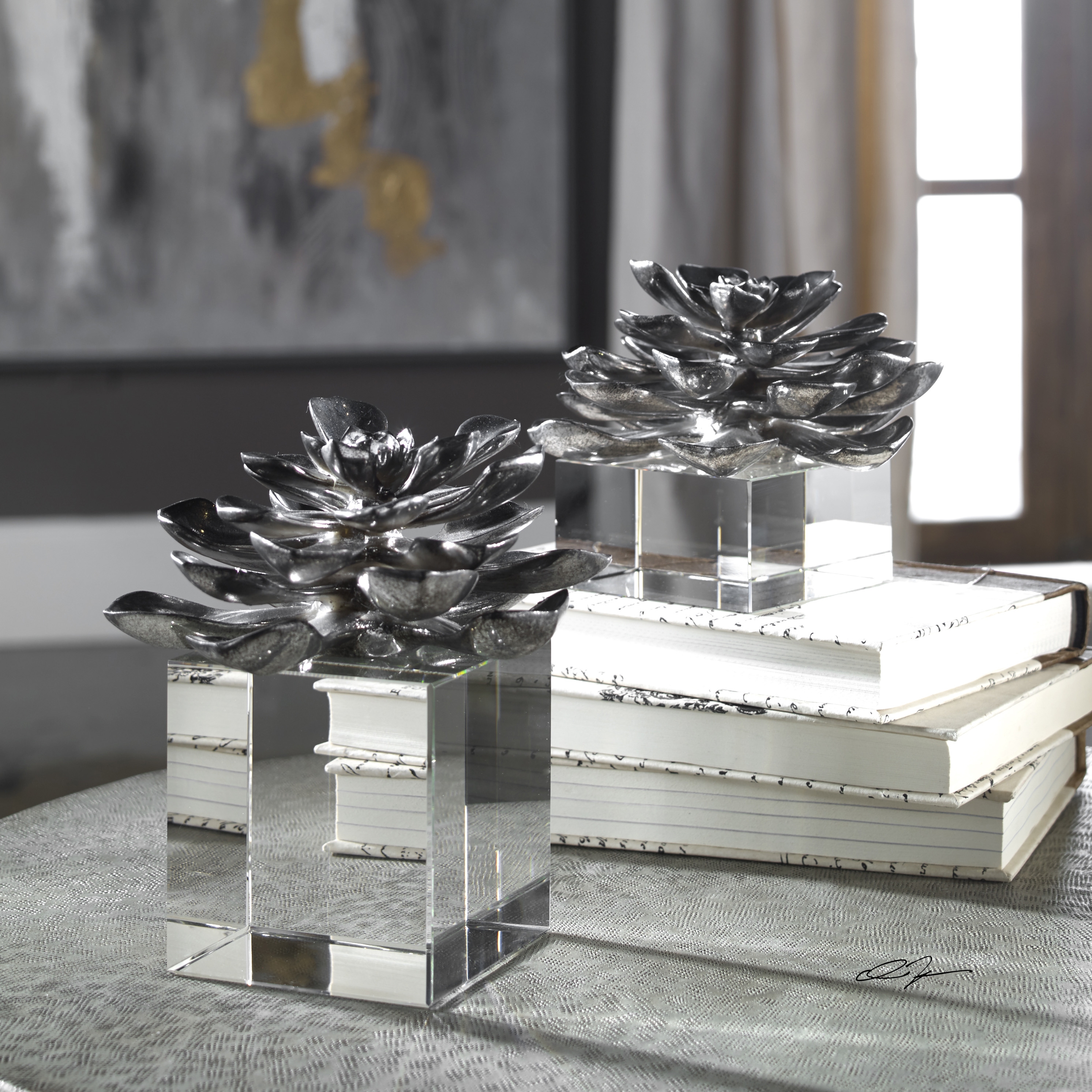 Indian Lotus Metallic Silver Flowers Set/2 - Image 3