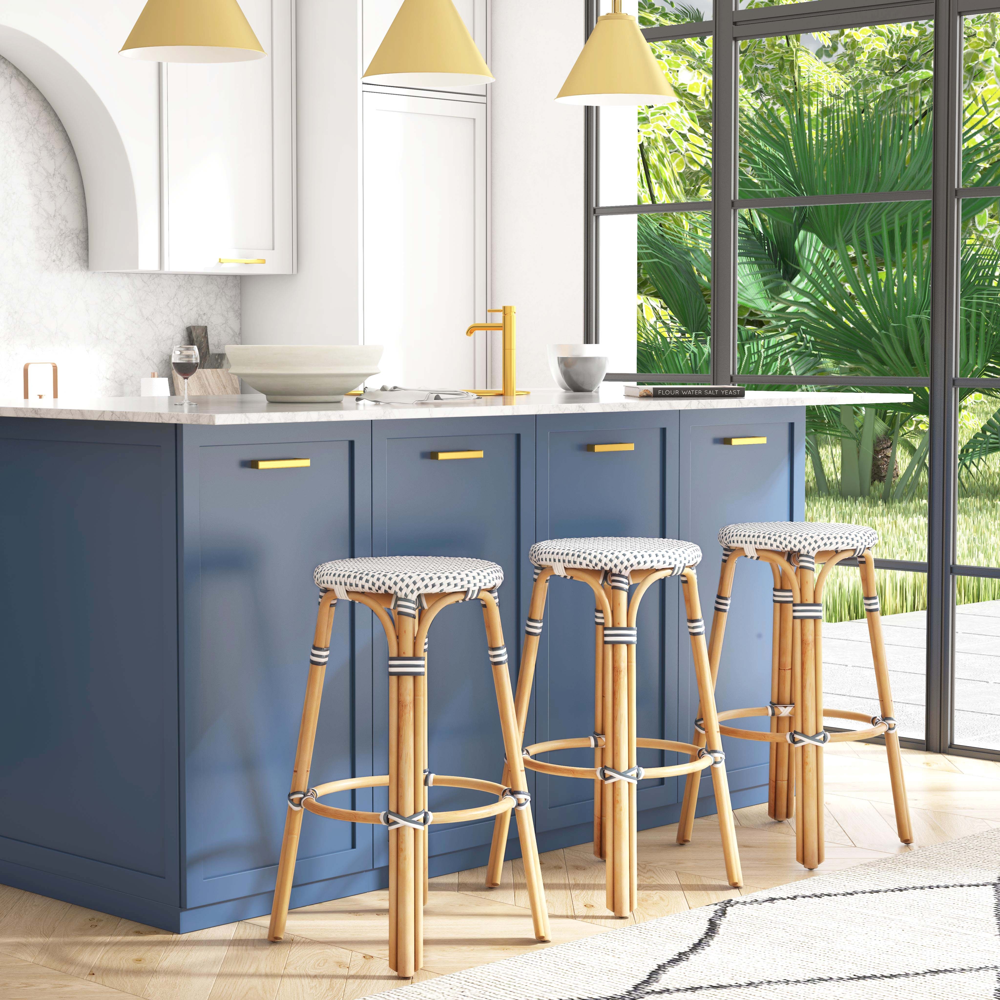 Tobias White/Navy Dot / Natural Rattan Frame Bar Stool - Image 3