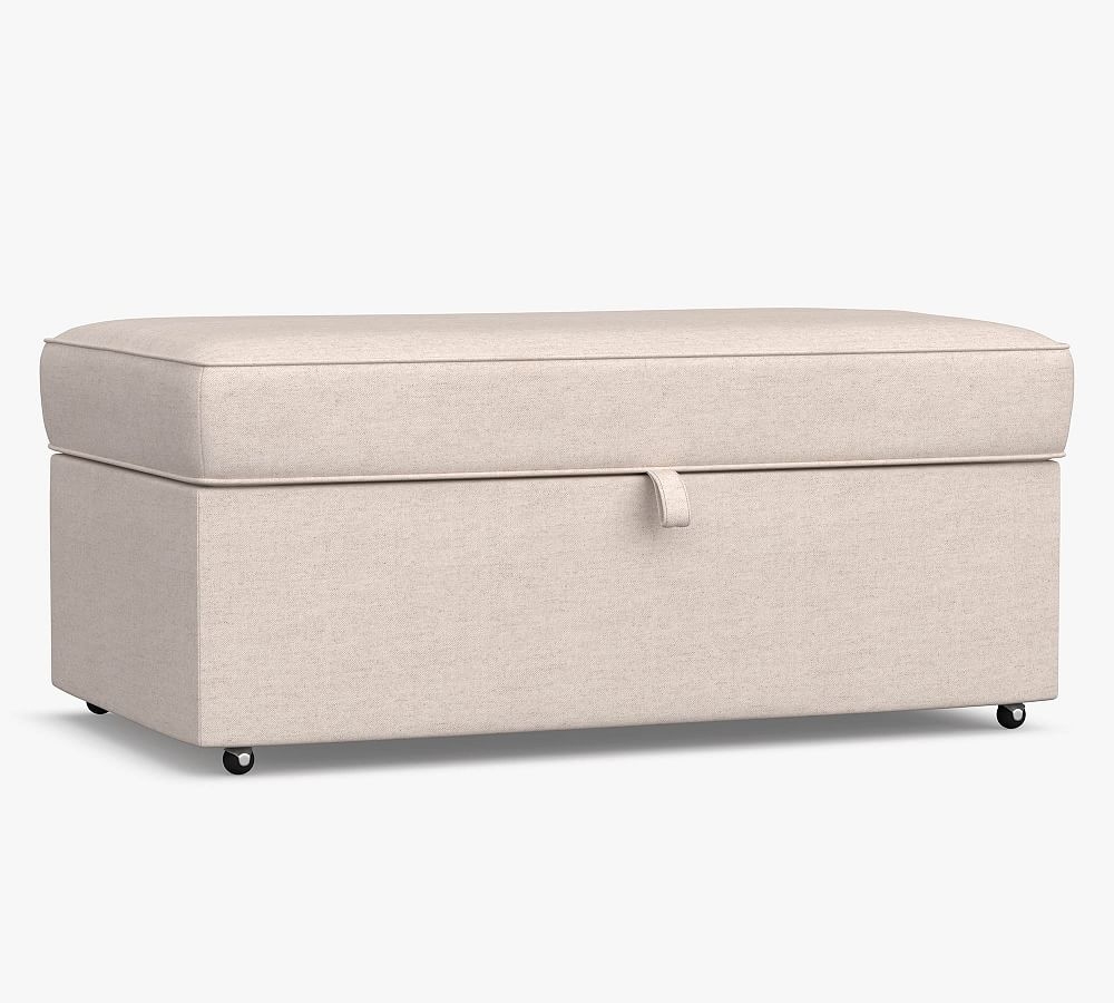 PB Comfort Upholstered Storage Ottoman with Pull Out Table, Box Edge, Polyester Wrapped Cushions, Performance Twill Warm White - Image 0