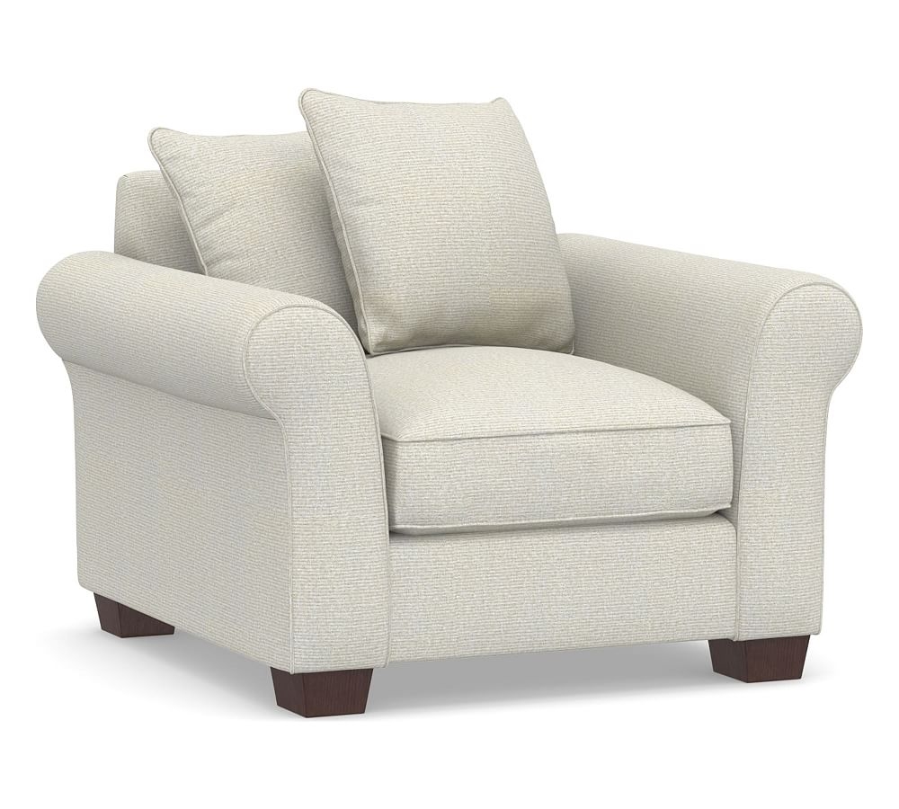 PB Comfort Roll Arm Upholstered Armchair 40", Box Edge Down Blend Wrapped Cushions, Performance Heathered Basketweave Dove - Image 0