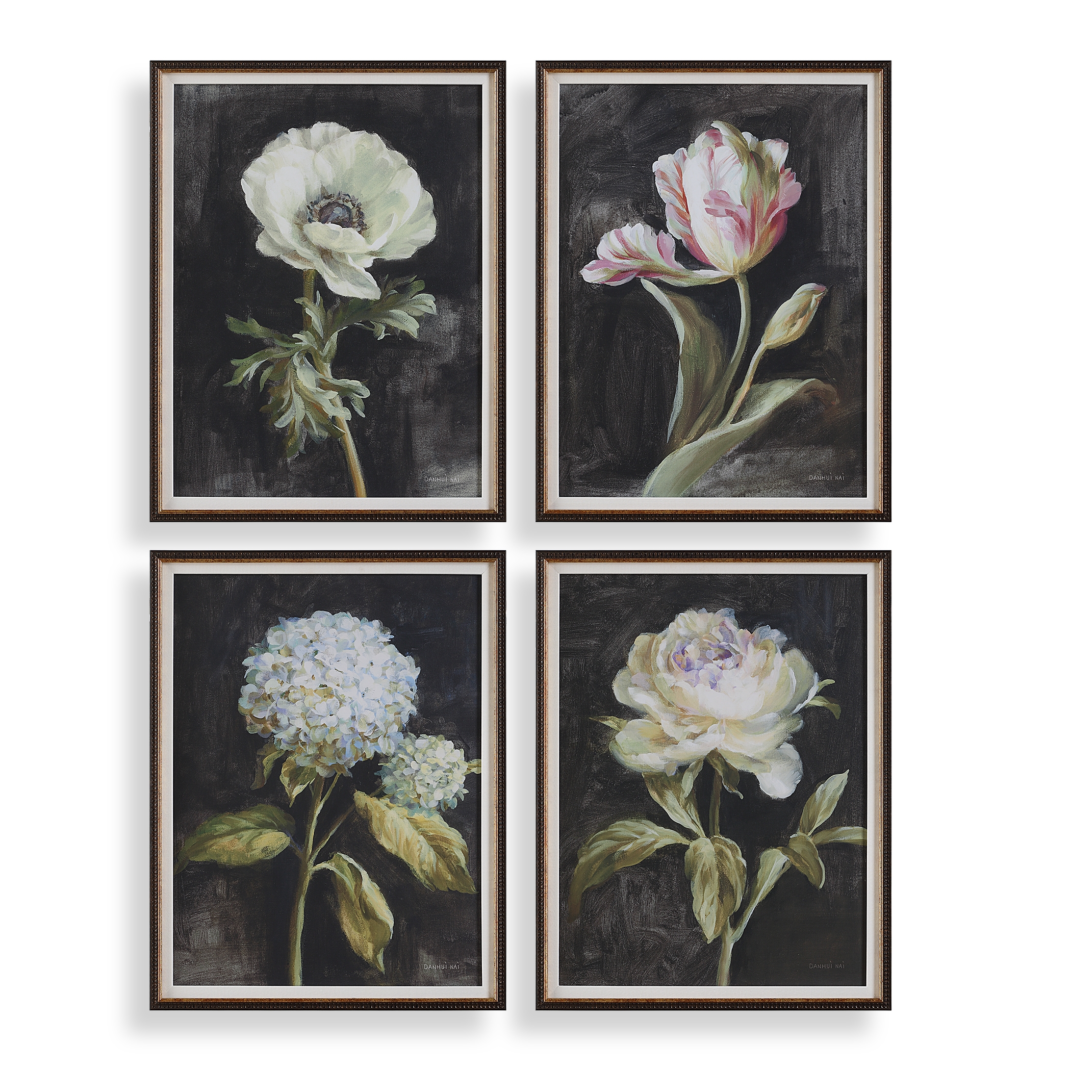 Florals On Black Framed Prints Set/4 - Image 0