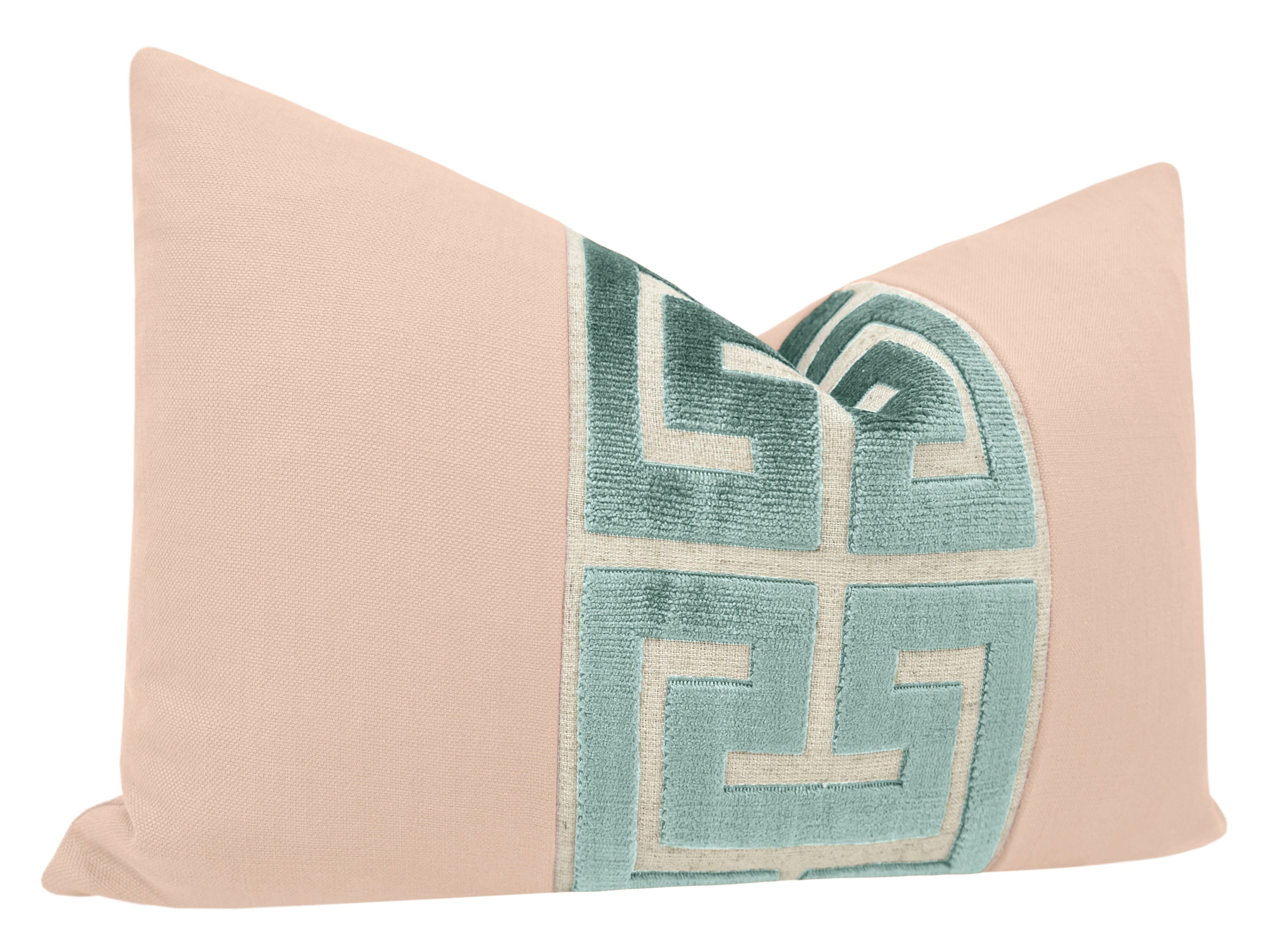 THE LITTLE LUMBAR :: CLASSIC LINEN // CAMEO + TURKISH BLUE GREEK TRIM - LITTLE LUMBAR 12" X 18" - Image 1