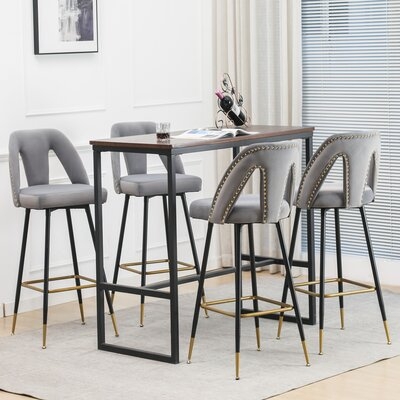 Velvet Upholstered Bar Stool Set Of 2, Counter Stools With Gold Tipped Black Metal Legs, Black - Image 0