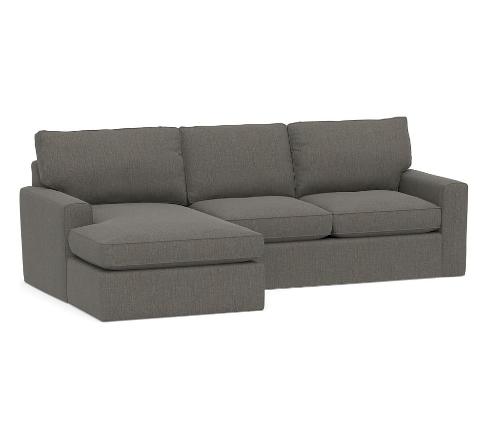 Pearce Square Arm Slipcovered Right Arm Loveseat with Double Chaise Sectional, Down Blend Wrapped Cushions, Chenille Basketweave Charcoal - Image 0