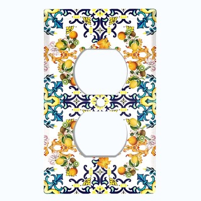 Metal Light Switch Plate Outlet Cover (Blue Yellow Damask Tile Fruit White  - Single Duplex) - Image 0