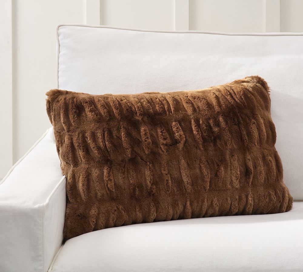 Faux Fur Ruched Lumbar Pillow Cover, 16 x 26", Tobacco Ruched Lumbar - Image 0