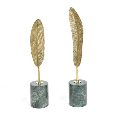 Flight Feathers Decorative Object, Set Of 2, Gold Copper & Green - Image 0