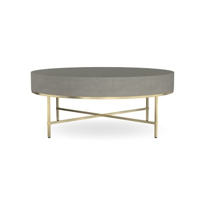 Faux Shagreen Round Coffee Table, 42", Faux Shagreen, Grey, Antique Brass - Image 0