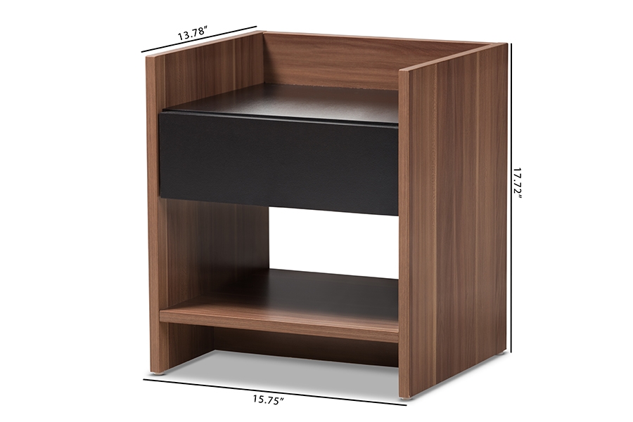 Vanda Modern and Contemporary Two-Tone Walnut and Black Wood 1-Drawer Nightstand - Image 7
