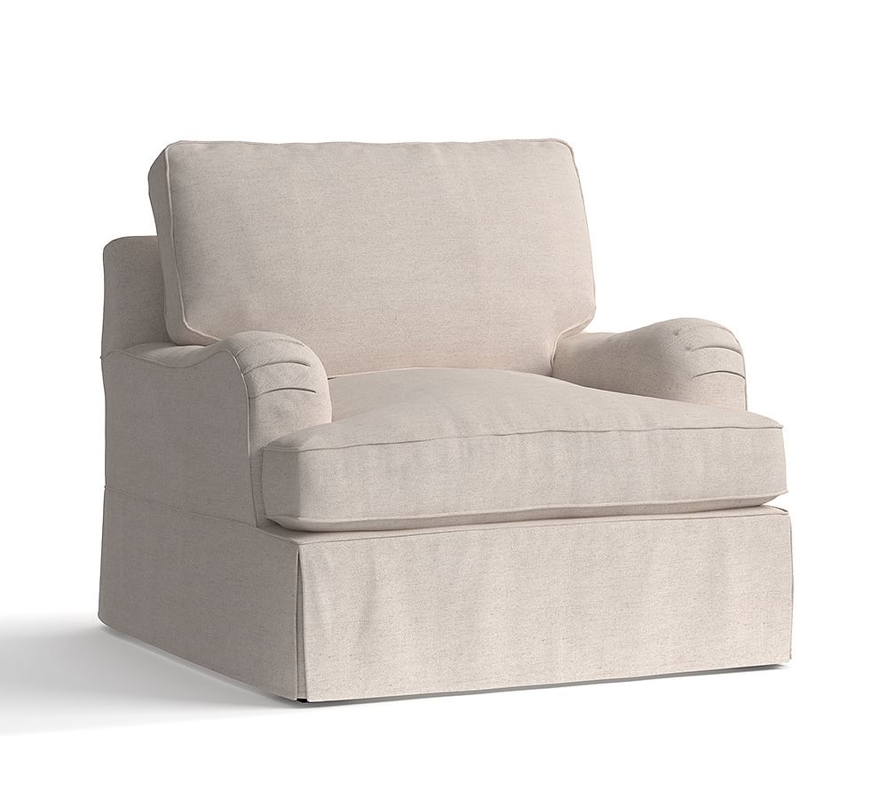 PB English Arm Slipcovered Armchair 36.5", Polyester Wrapped Cushions, Performance Heathered Basketweave Platinum - Image 0