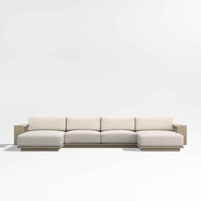 Mallorca Wood Double-Chaise Outdoor Sectional Sofa with Ivory Cushions - Image 0