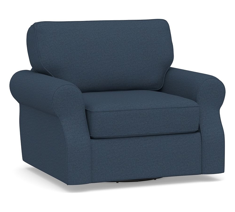 SoMa Fremont Roll Arm Upholstered Swivel Armchair, Polyester Wrapped Cushions, Brushed Crossweave Navy - Image 0