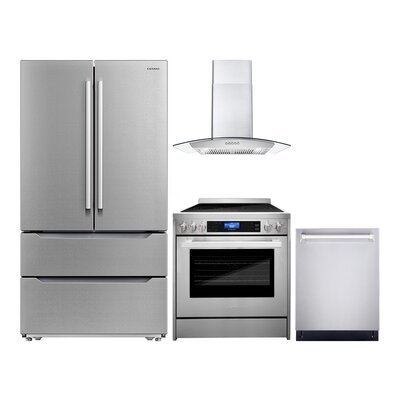 4 Piece Kitchen Package With 30" Freestanding Electric Range 30" Wall Mount Range Hood 24" Built-in Fully Integrated Dishwasher & Energy Star French Door Refrigerator - Image 0