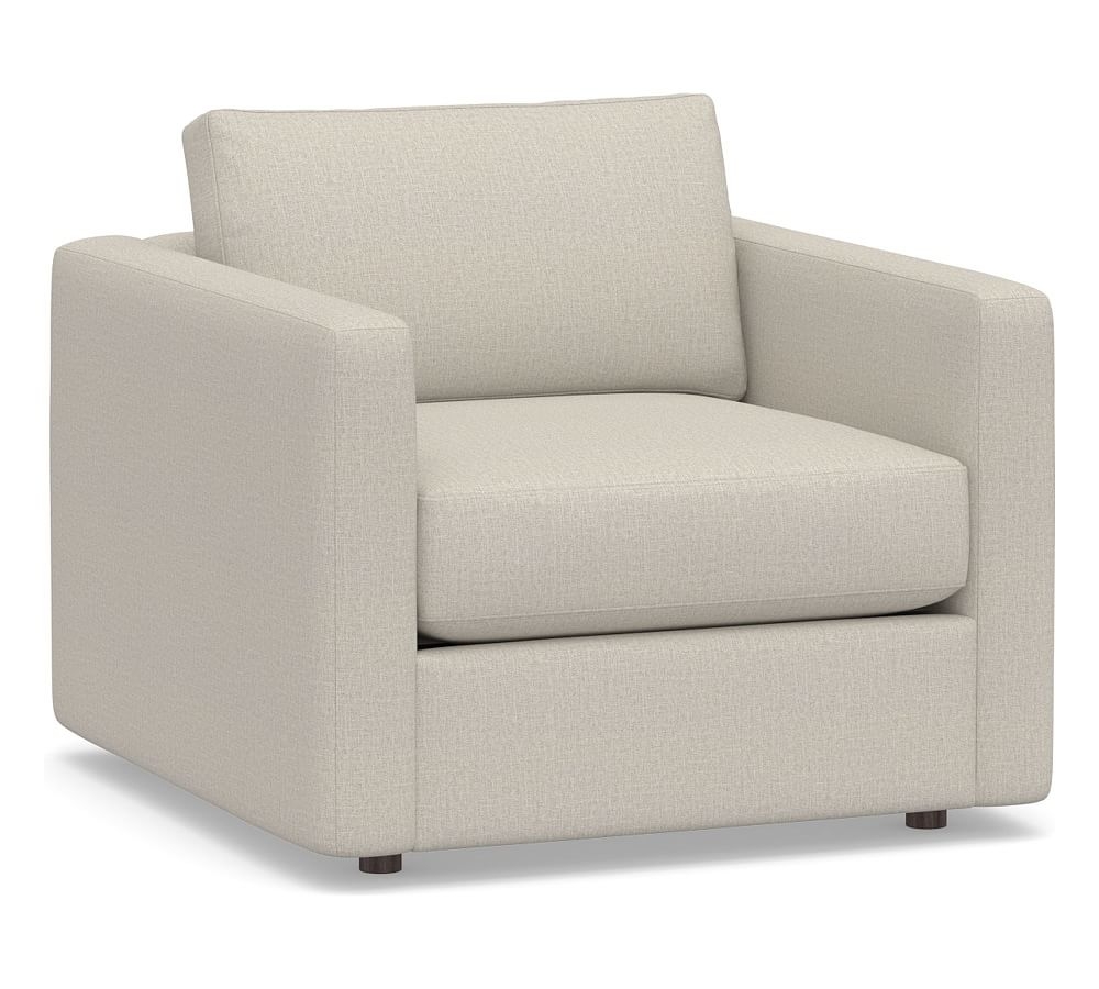 Carmel Slim Square Arm Upholstered Armchair, Down Blend Wrapped Cushions, Performance Heathered Tweed Pebble - Image 0