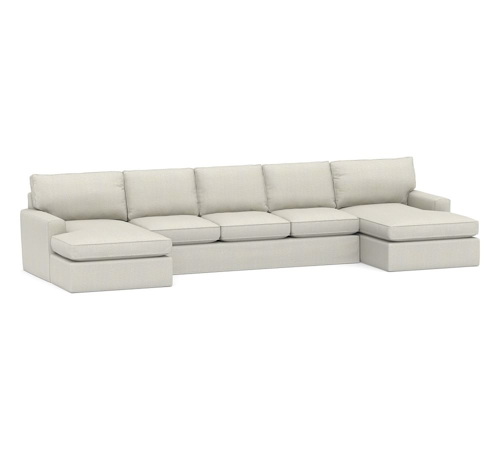 Pearce Square Arm Slipcovered U-Wide Chaise Sofa Sectional, Down Blend Wrapped Cushions, Performance Heathered Basketweave Dove - Image 0