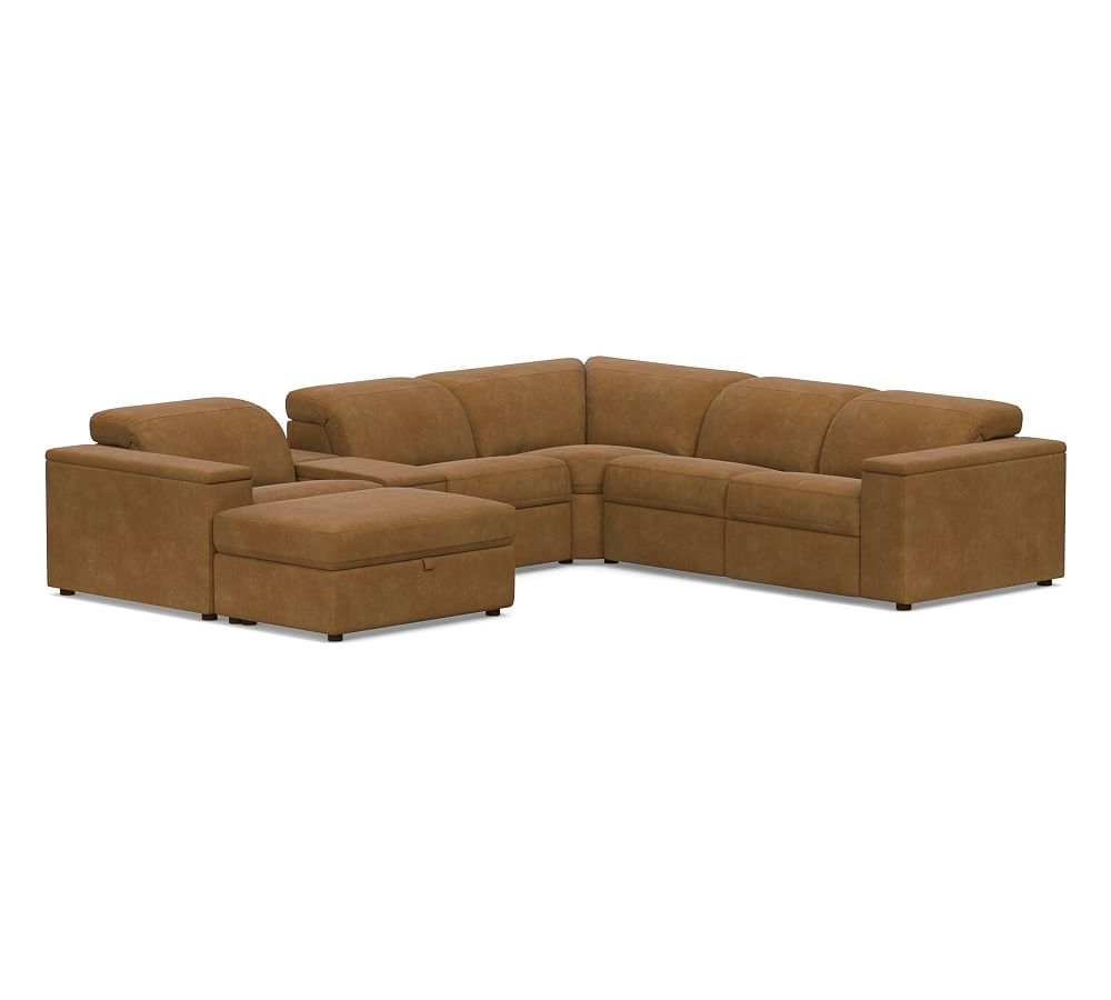 Ultra Lounge Square Arm Leather 7-Piece Reclining Sectional, Down Blend Wrapped Cushions, Nubuck Camel - Image 0