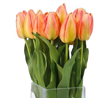 Faux Yellow &amp; Orange Tulip Composed Arrangement, Square Glass Vase - 13" - Image 1