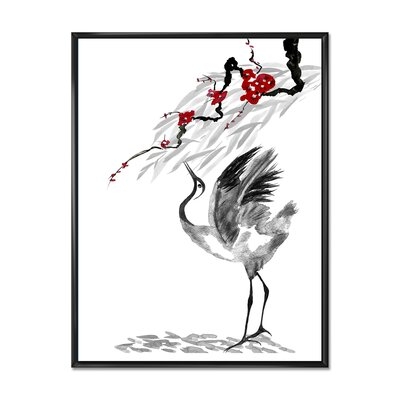 Japanese Cranes Bird Drawing With Red Flowers - Traditional Canvas Wall Art Print - Image 0